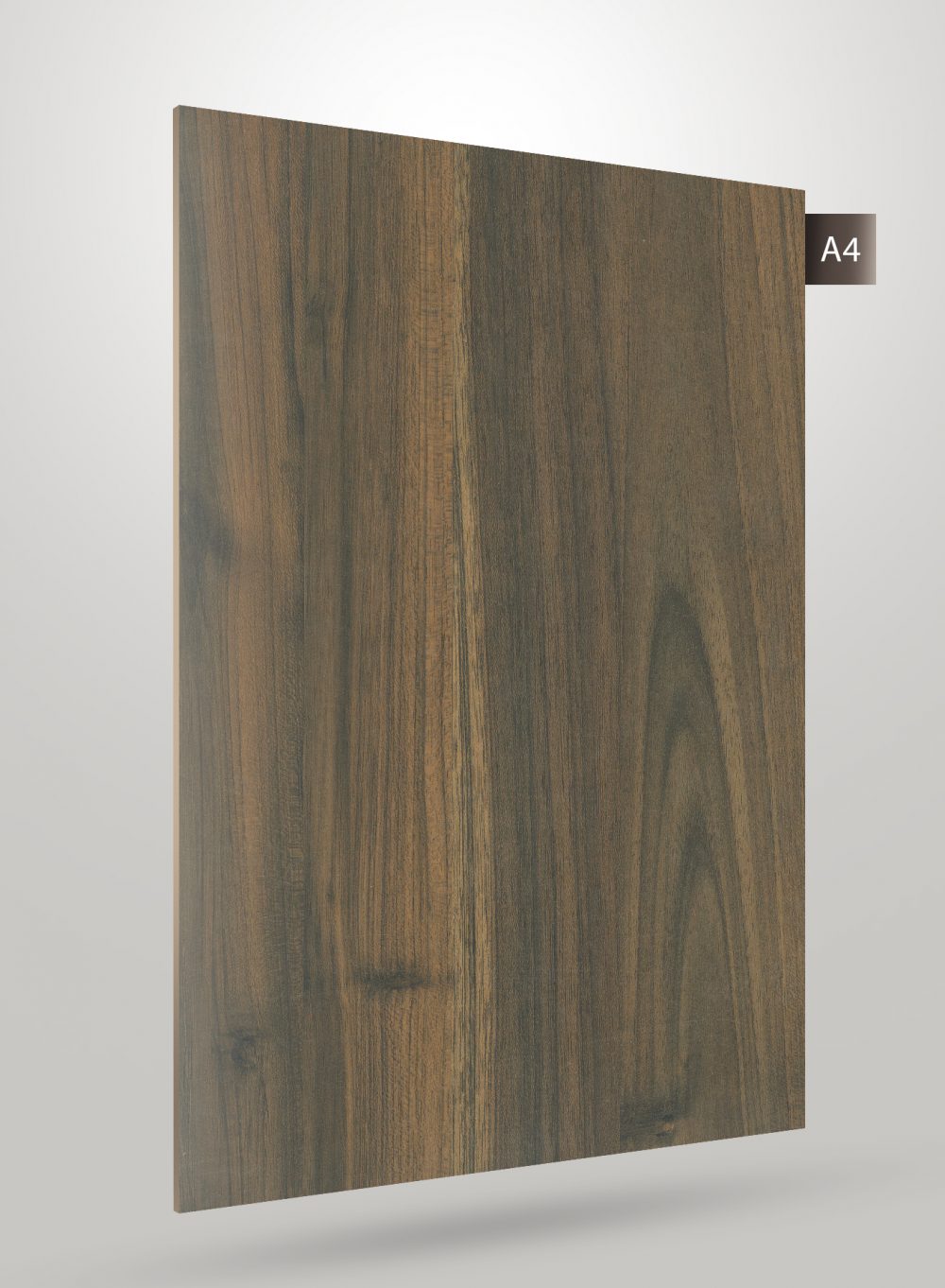 Brown wood grain laminate sheet with matte finish and vertical wood pattern texture, labeled A4.