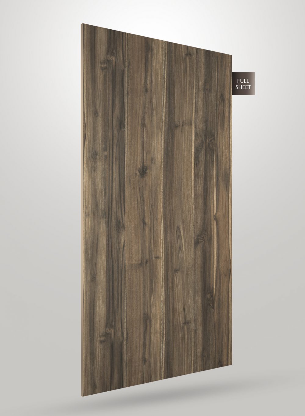 Brown wood grain laminate sheet with matte finish and visible texture, labelled full sheet on a grey background.