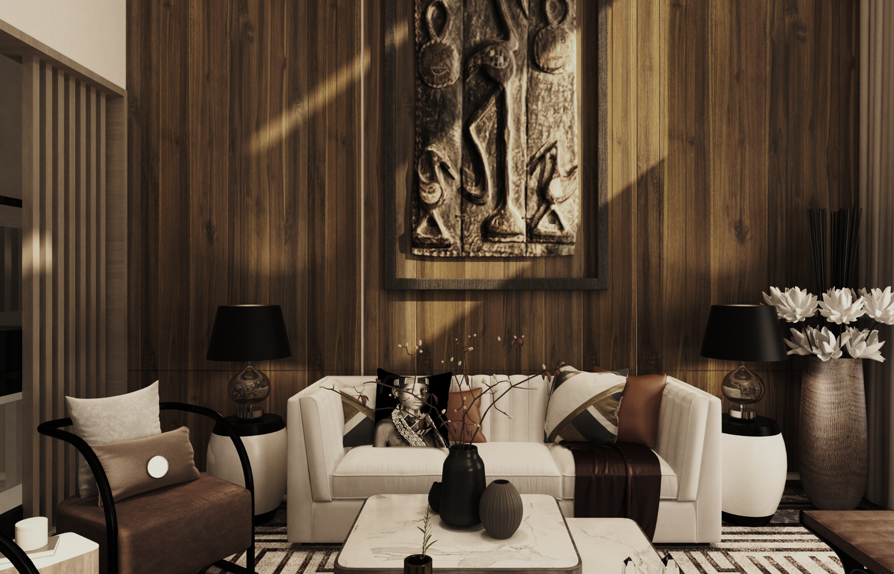 Brown wood grain laminate wall with matte finish in a modern living room setting with furniture and decor