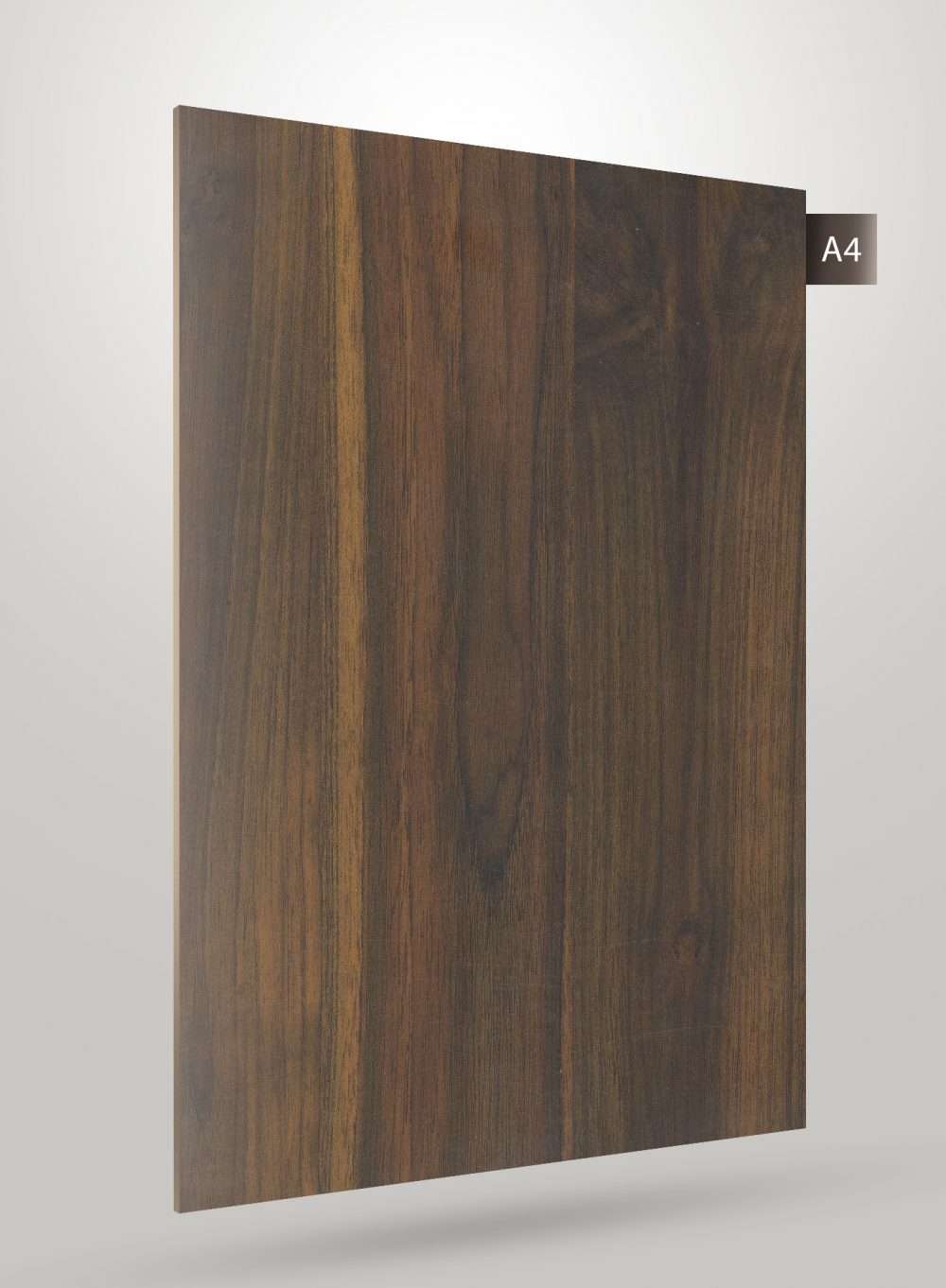 Multi-colour wood grain decorative laminate with matte finish and visible wood texture and pattern on a sample sheet.