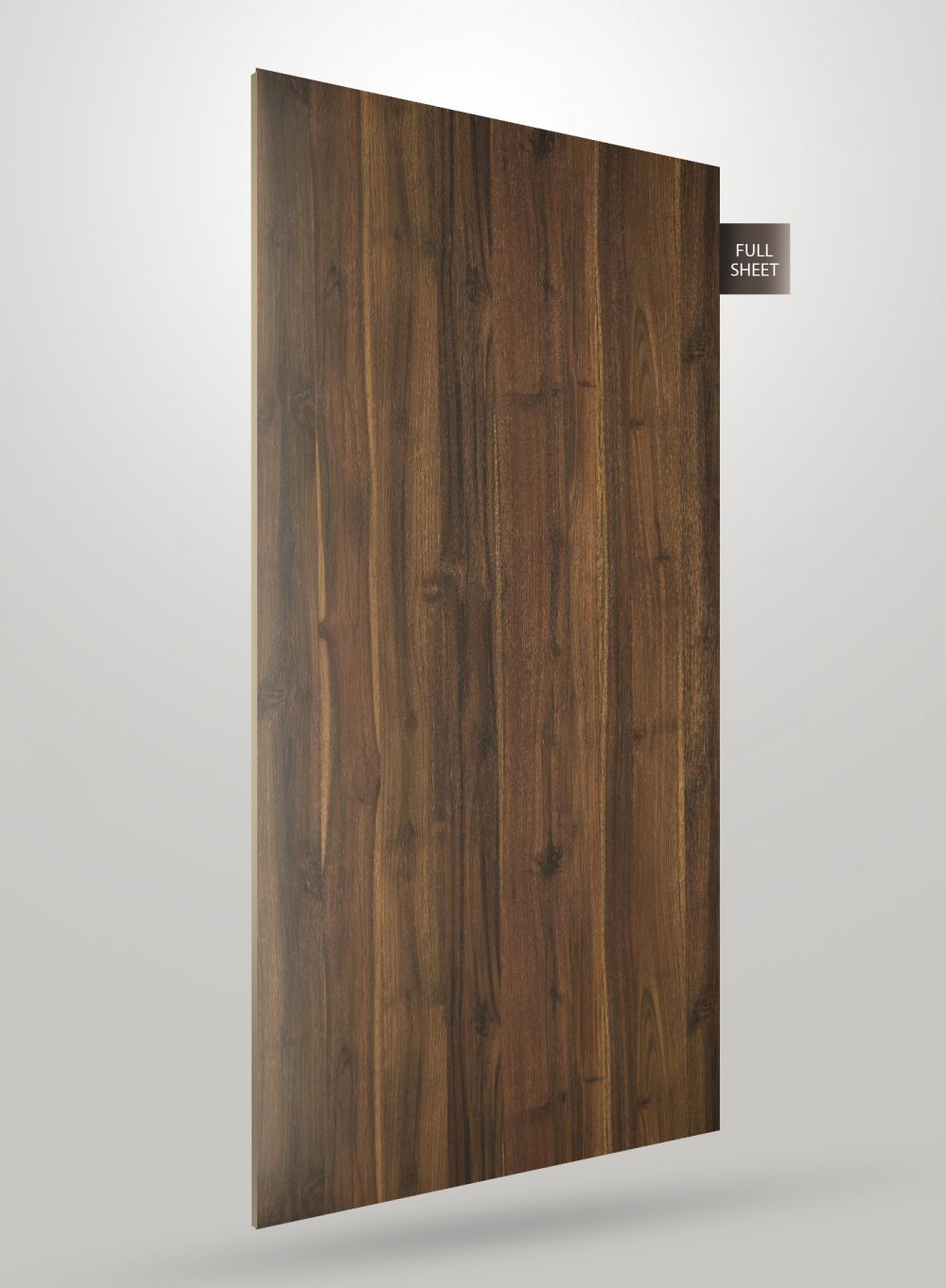 Brown wood grain laminate sheet with matte finish and visible texture, displaying a natural wood pattern and dark brown