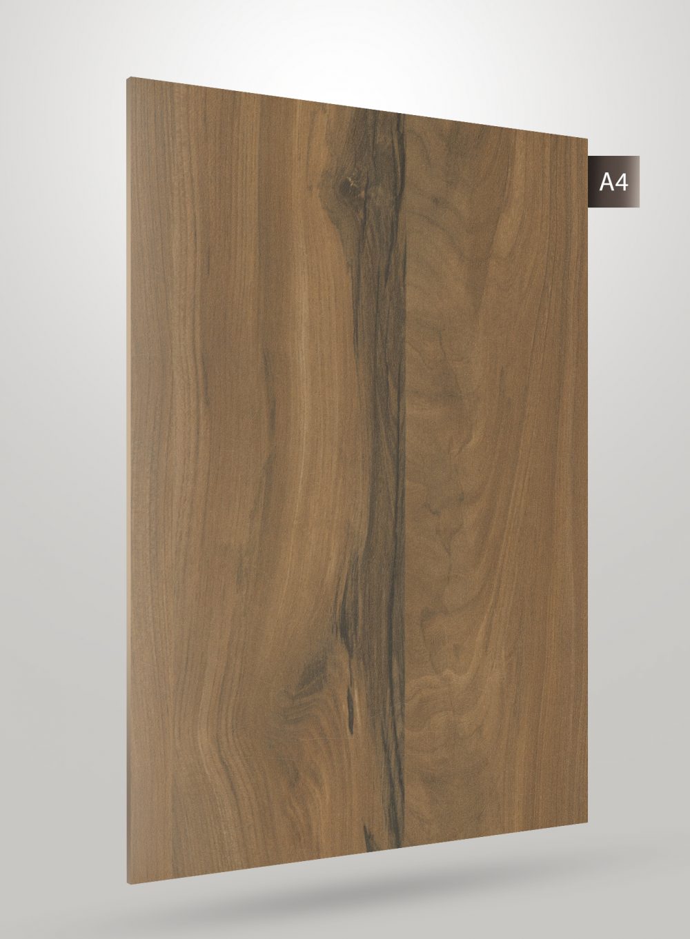 Brown wood grain decorative laminate with matte finish and visible wood texture and pattern.