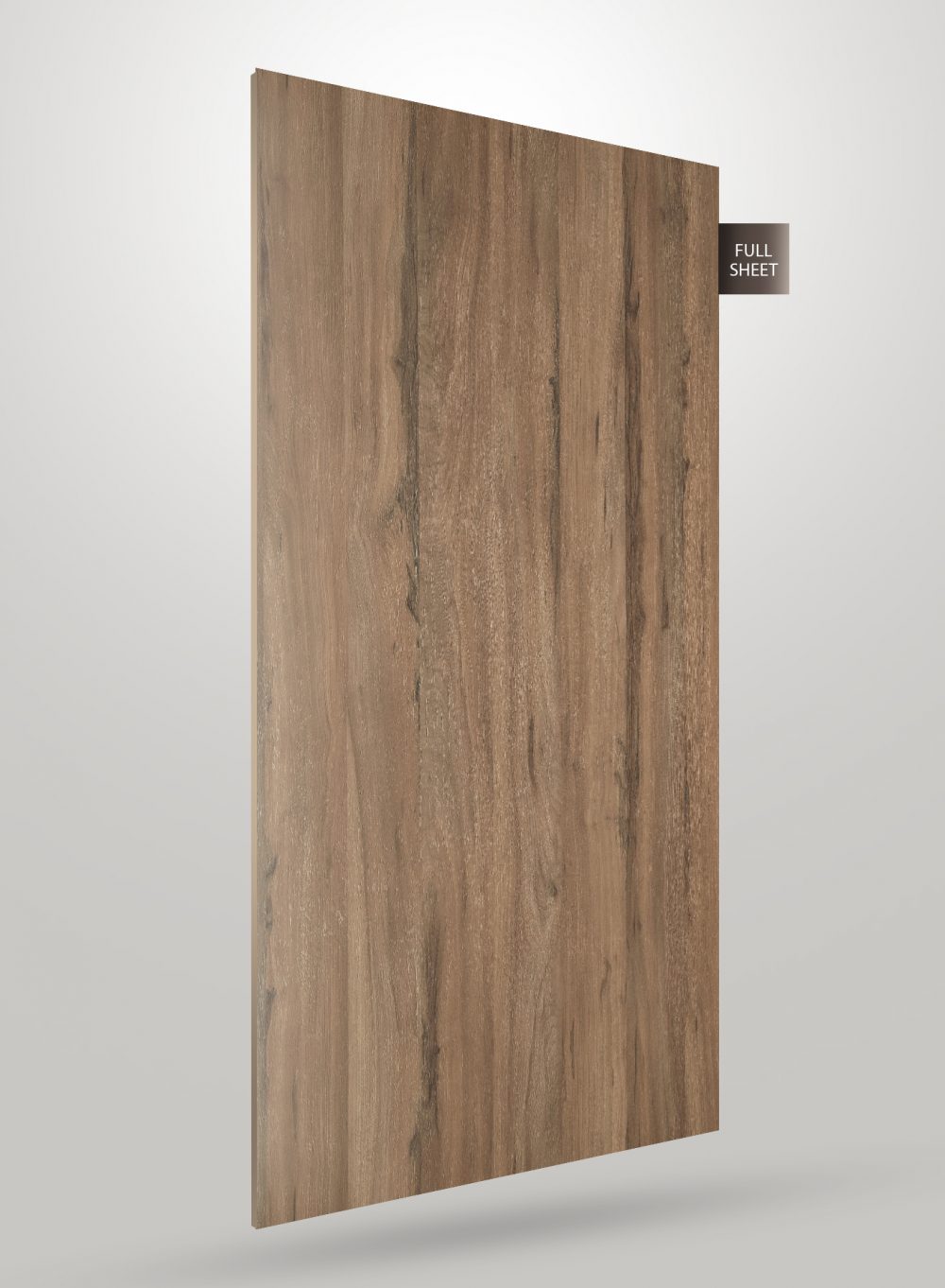 Brown wood grain laminate sheet with matte finish and visible texture, displayed as full sheet.