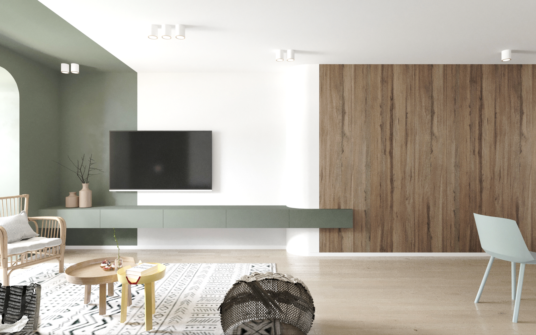 Brown wood laminate wall panel with matte finish and wood grain texture in modern living room setting