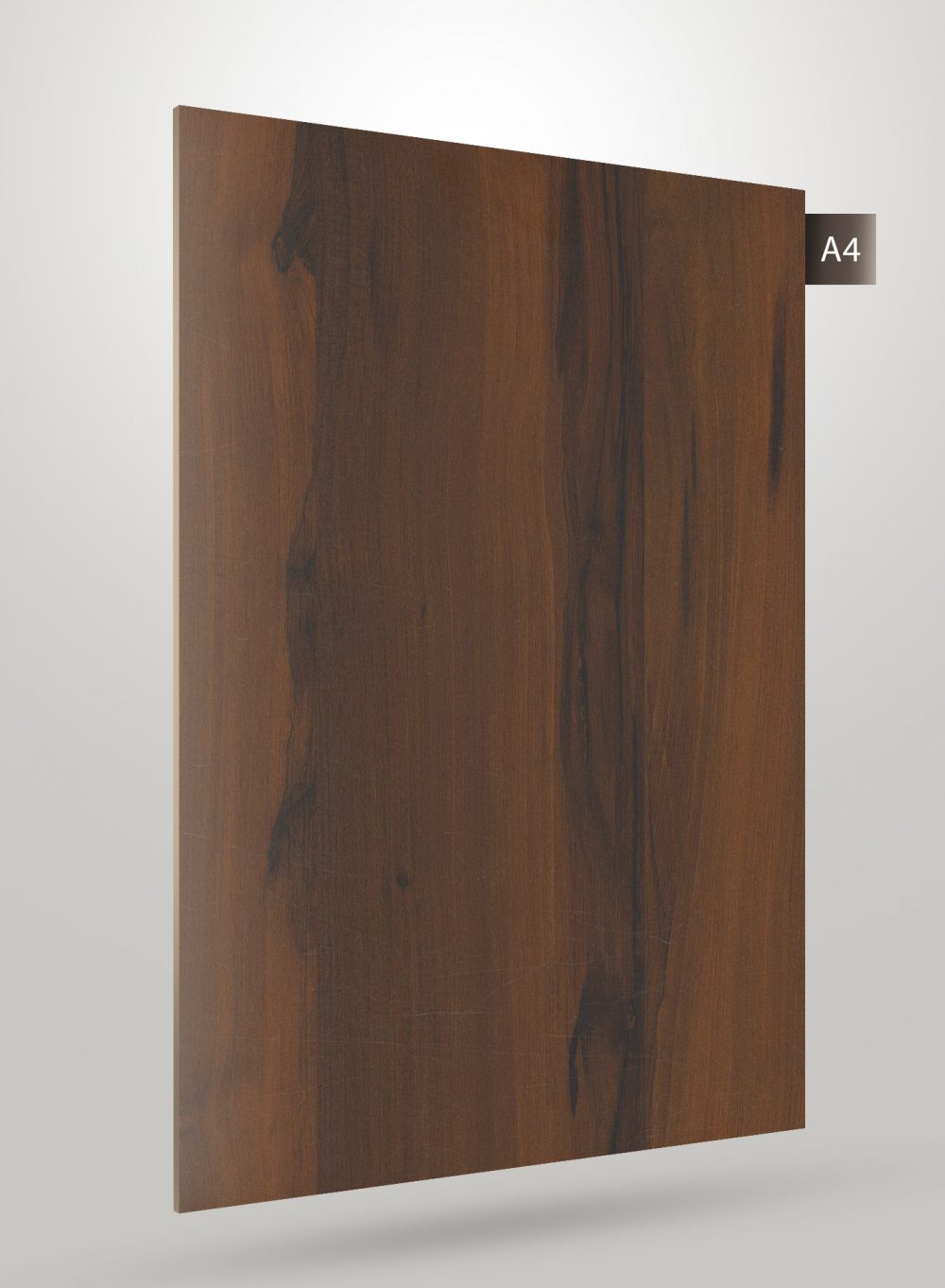 Brown wood grain laminate with matte finish and visible wood texture and pattern, decorative laminate sheet.