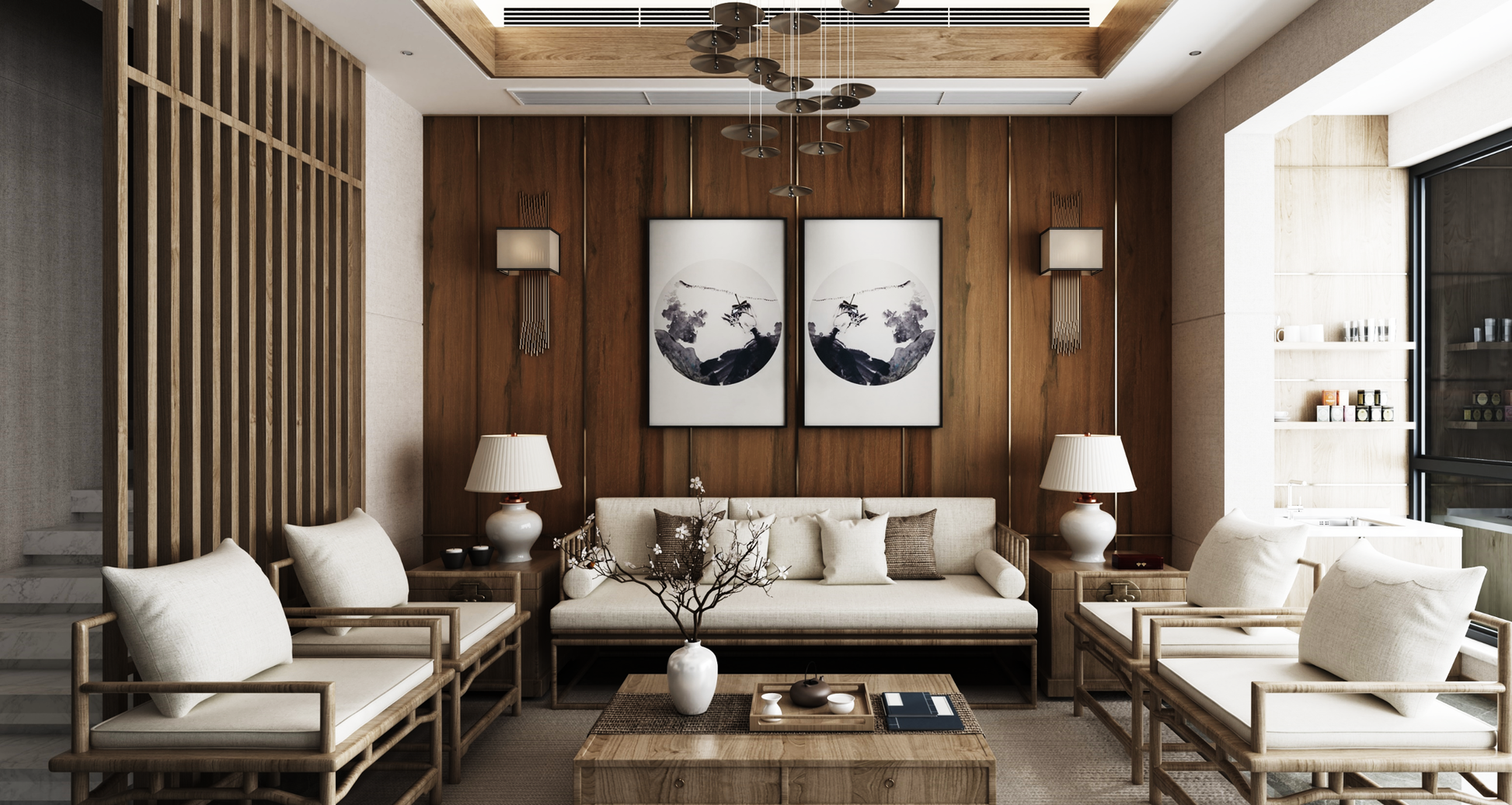 Brown wood laminate wall paneling with matte finish in modern living room interior with furniture and decorative elements