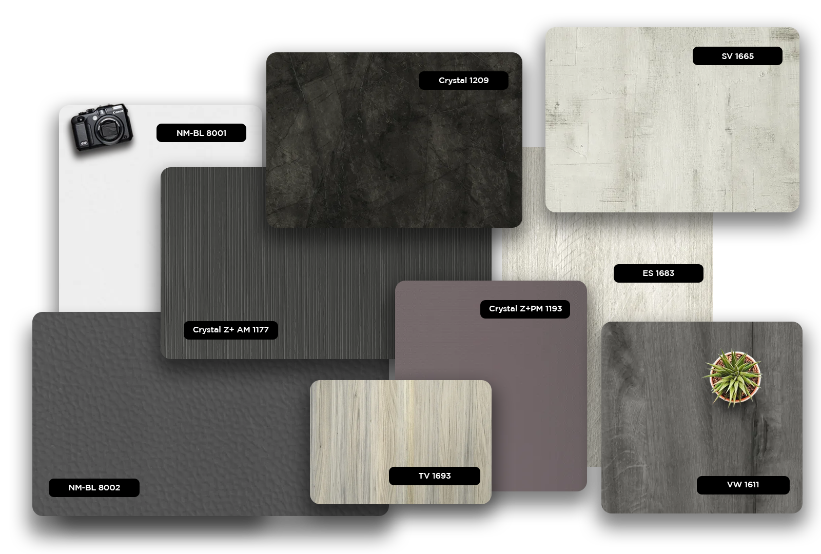 Grey wood grain laminate with matte finish and visible wood texture, sample labeled ES 1683.