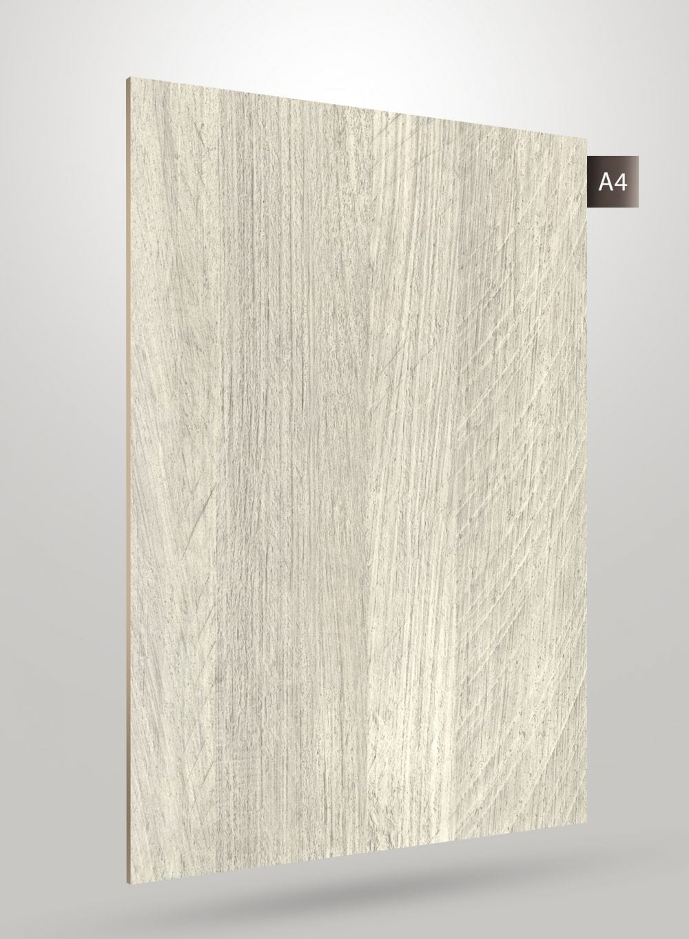 Grey wood grain laminate with matte finish and subtle texture, displaying a light wood pattern with vertical grain lines.