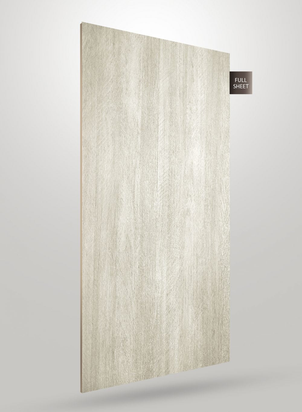 Grey wood grain decorative laminate sheet with matte finish and visible texture, displayed as full sheet.