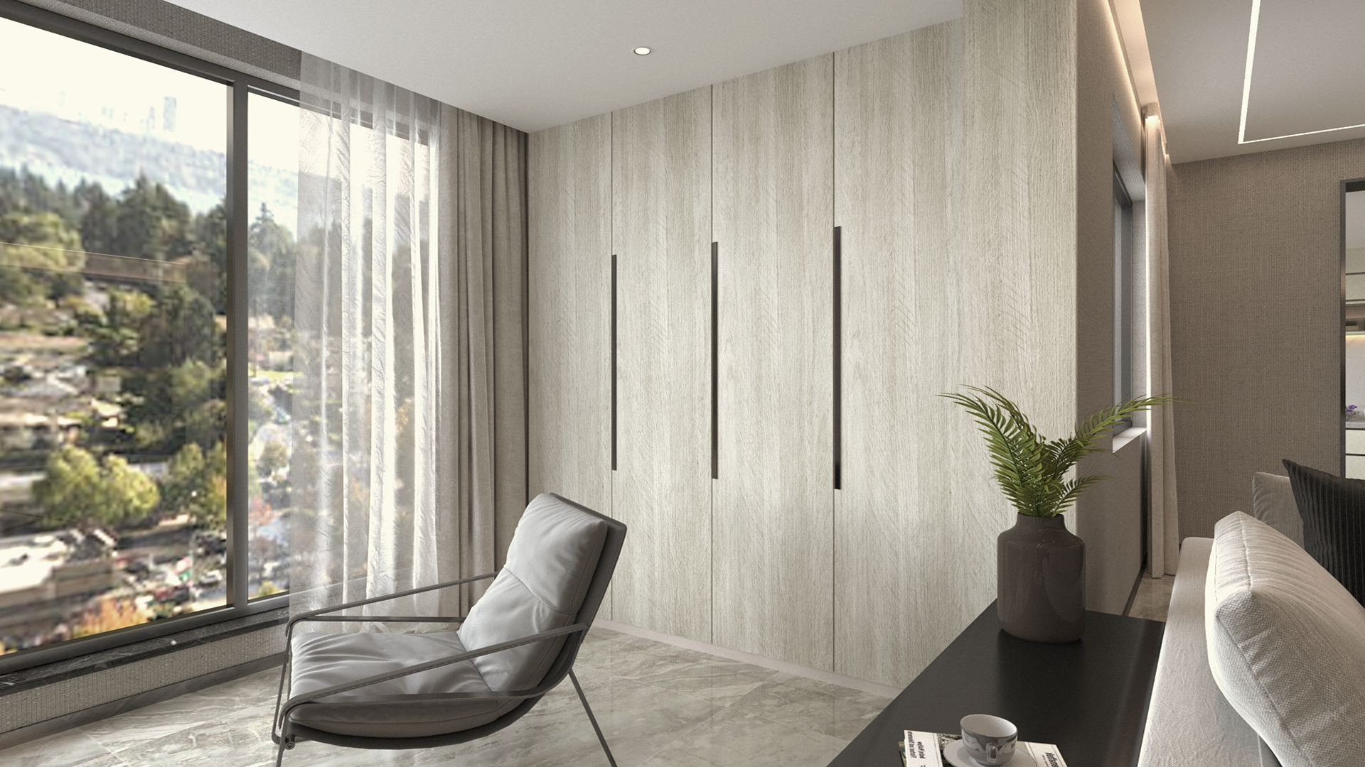Grey wood laminate wall with matte finish and wood grain texture in modern room setting with furniture and decor