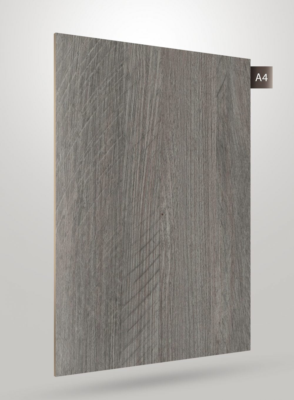 Grey wood grain decorative laminate with matte finish and textured surface showing diagonal wood pattern and vertical grain