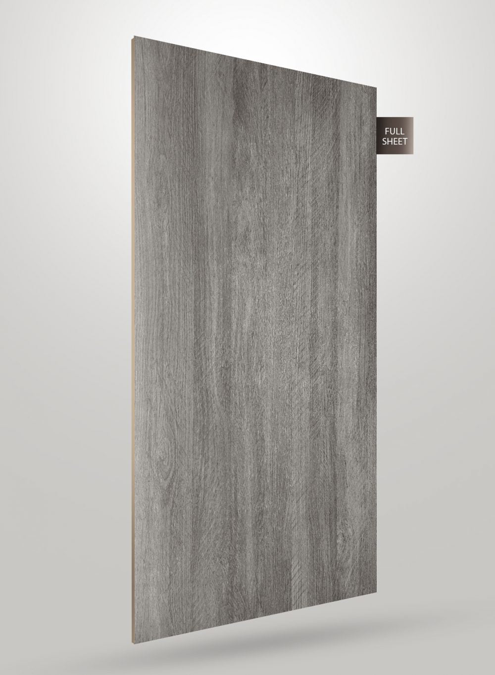 Grey wood grain decorative laminate sheet with matte finish and visible texture, shown as full sheet.