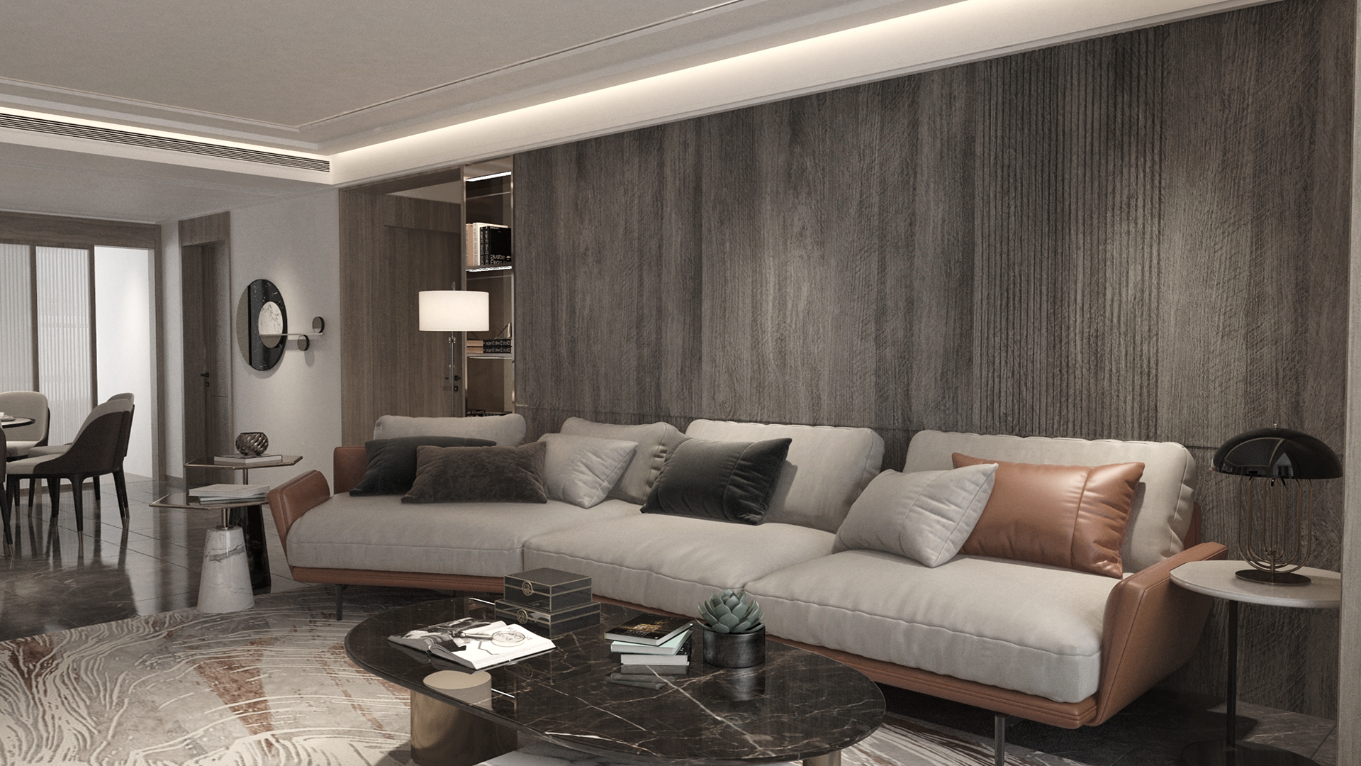 Grey wood laminate wall with matte finish and wood grain texture in modern living room interior