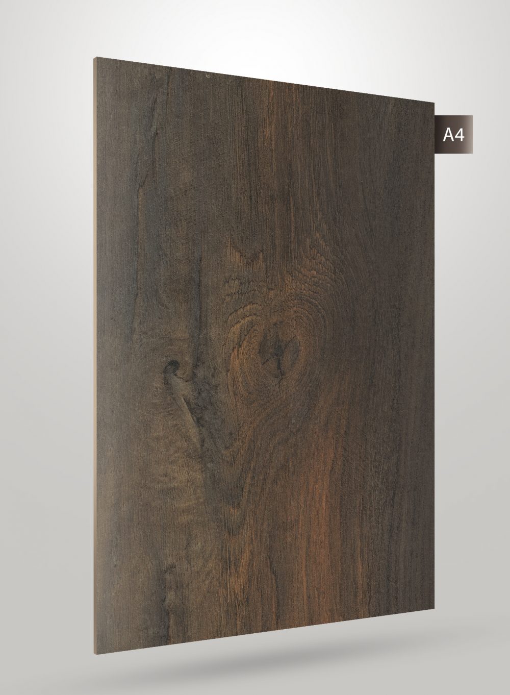 Dark brown wood grain decorative laminate with matte finish and visible wood texture and knots