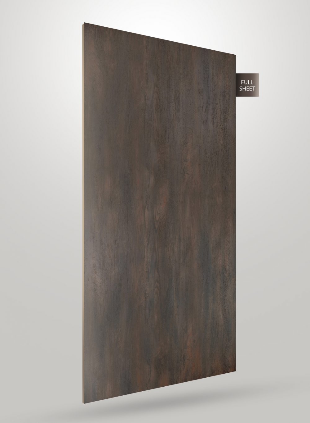 Dark brown wood grain laminate sheet with matte finish and visible texture, labeled full sheet.