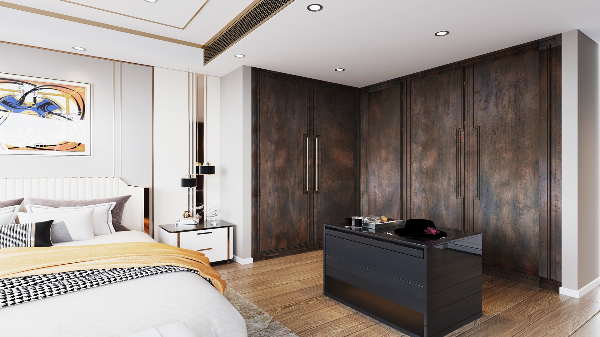 Dark wood laminate wall with wood grain texture and matte finish in modern bedroom interior