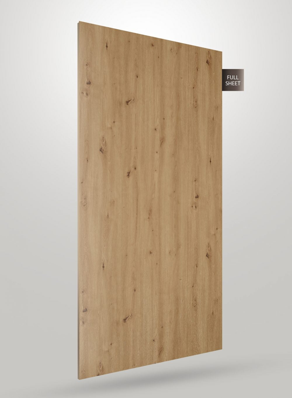 Brown wood grain decorative laminate sheet with matte finish and visible knots and texture, labeled full sheet.