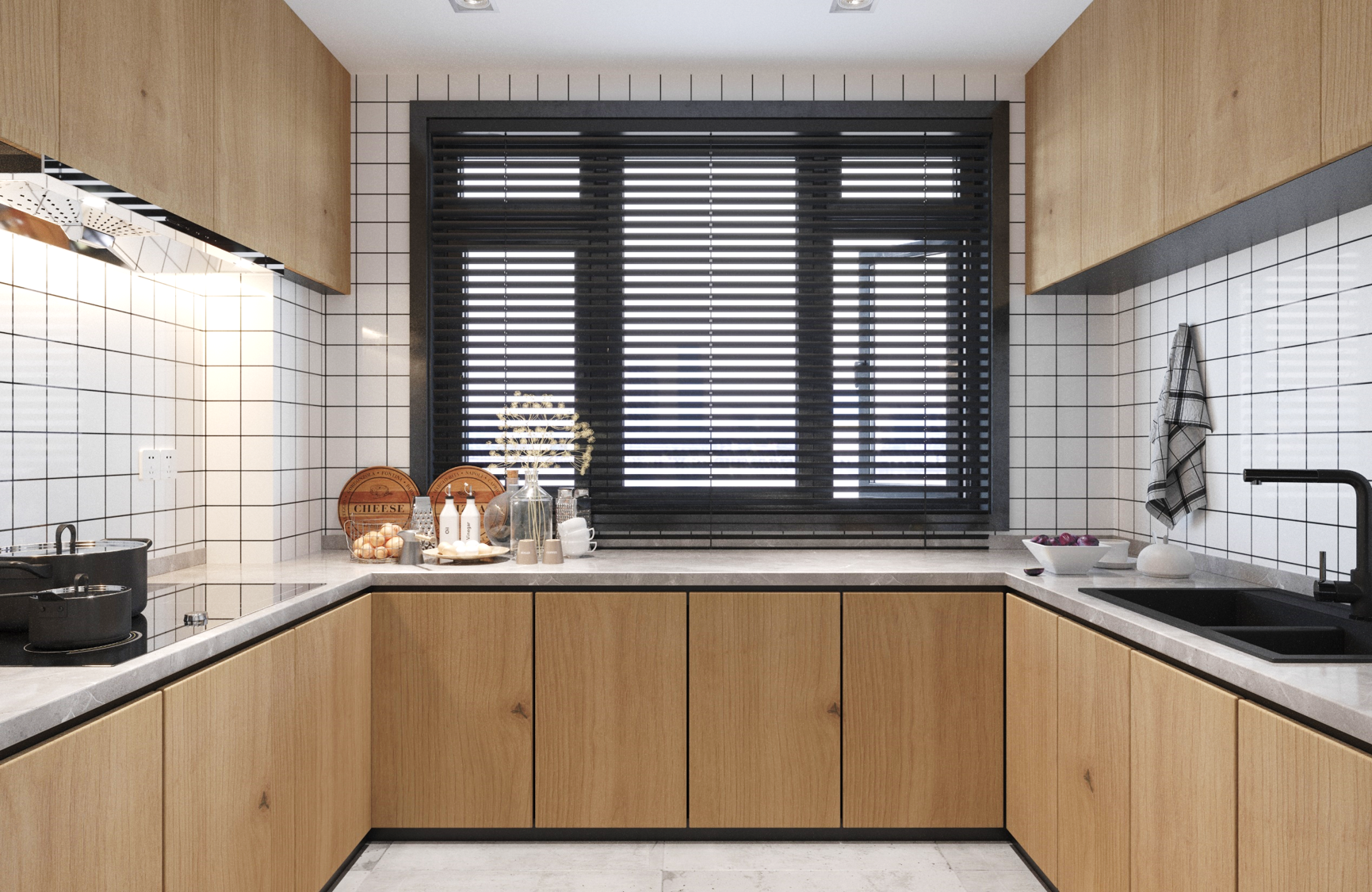Brown wood laminate kitchen cabinets with matte finish and visible wood grain texture in a modern kitchen setting.
