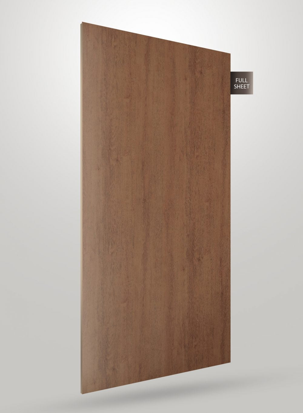 Brown wood grain decorative laminate sheet with matte finish and visible wood texture, labeled full sheet.
