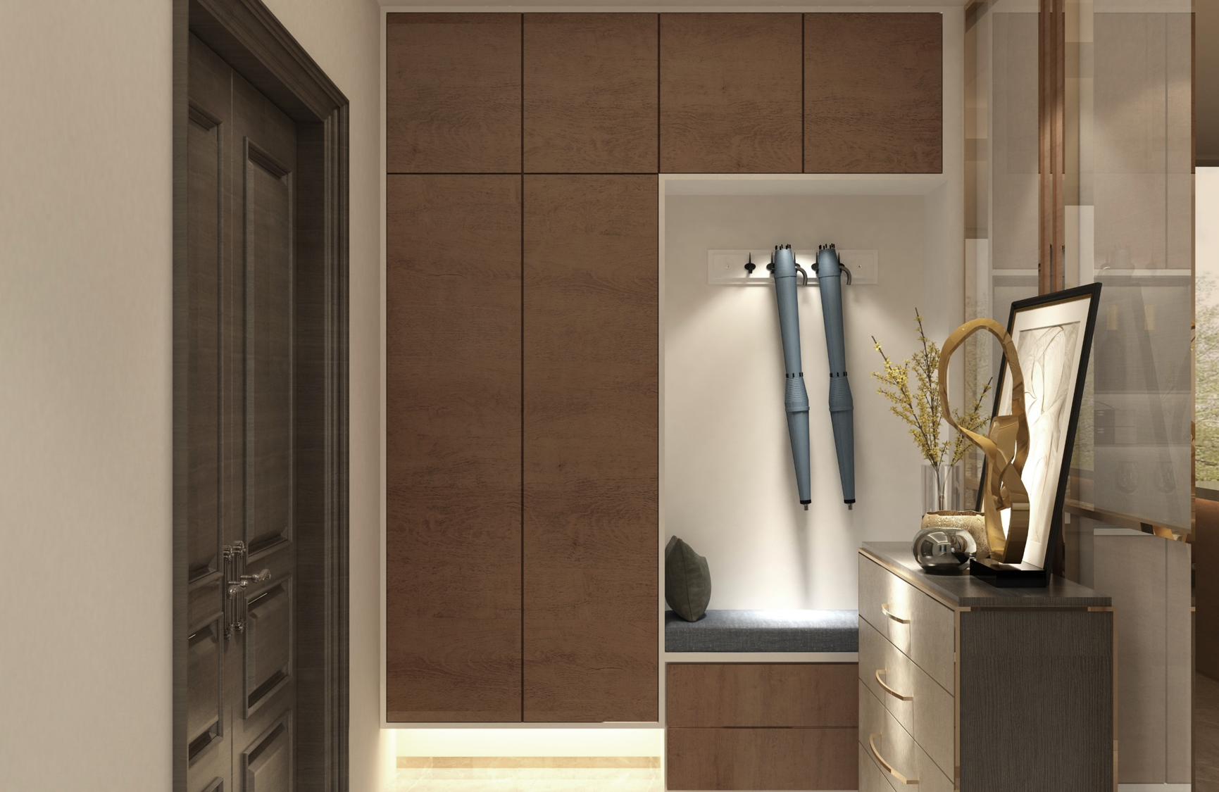 Brown wood grain laminate wall panels with matte finish in a modern interior setting with decorative furniture and