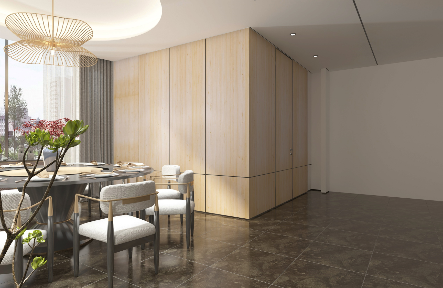 Beige wood laminate wall panels with matte finish and wood grain texture in modern dining room interior