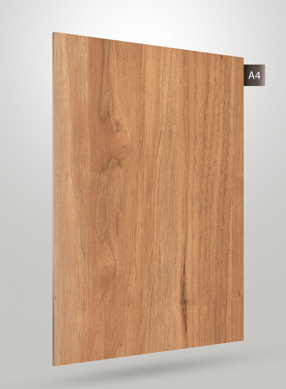 Brown wood grain decorative laminate with matte finish and visible wood texture and grain pattern on a square sheet.