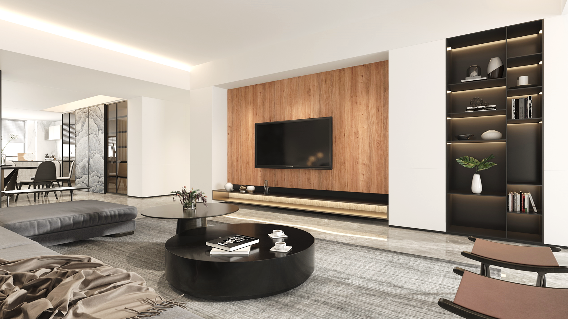 Brown wood laminate wall with matte finish and wood grain texture in modern living room interior design