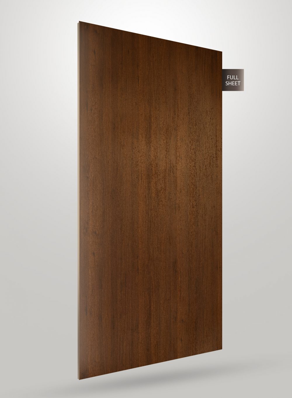 Brown wood grain decorative laminate with matte finish and visible texture, shown as a full sheet.