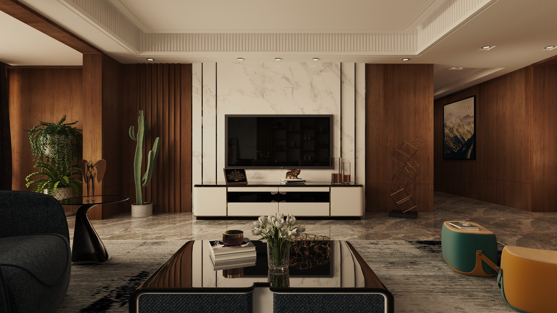 Brown wood laminate wall with matte finish in modern living room interior design with furniture and decorative elements