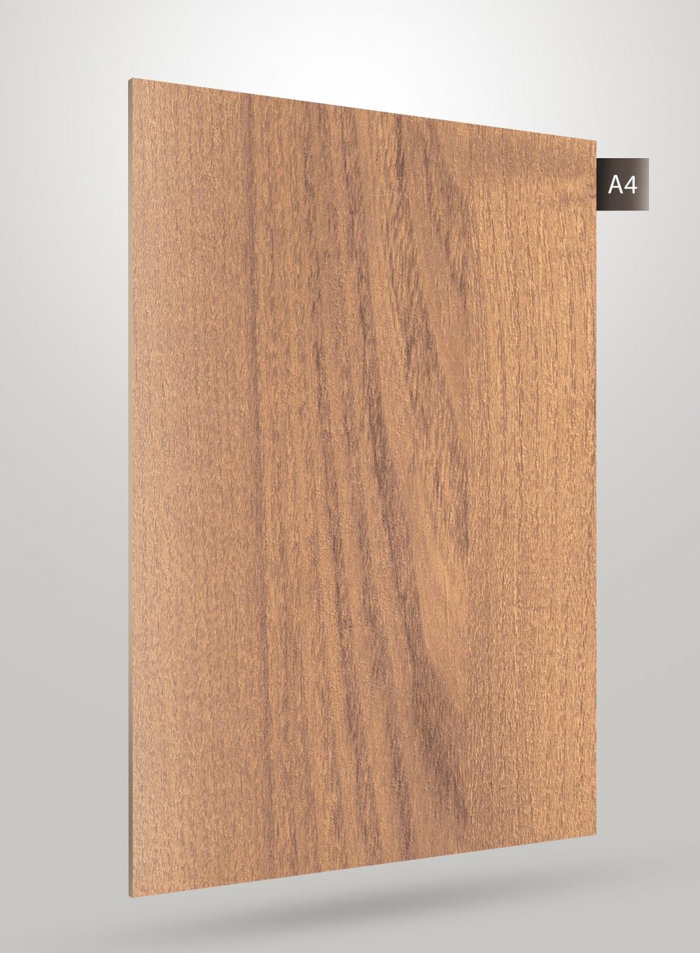 Brown wood grain decorative laminate with matte finish and vertical wood pattern texture.