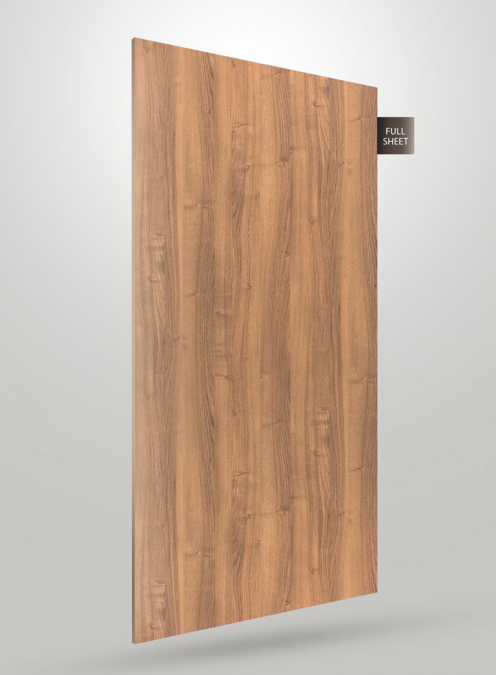 Brown wood grain laminate sheet with matte finish and vertical wood pattern, showing texture and grain details.