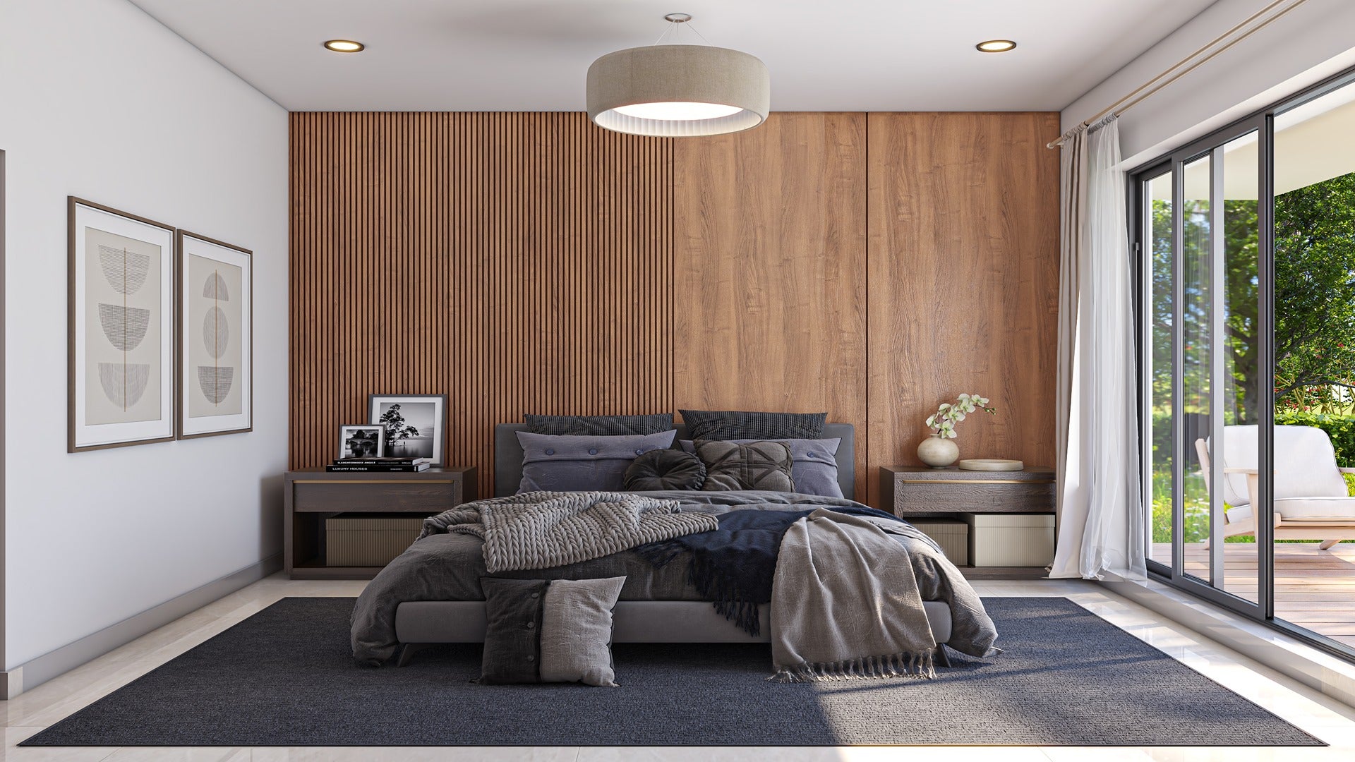 Brown wood laminate wall with matte finish and wood grain texture in modern bedroom interior