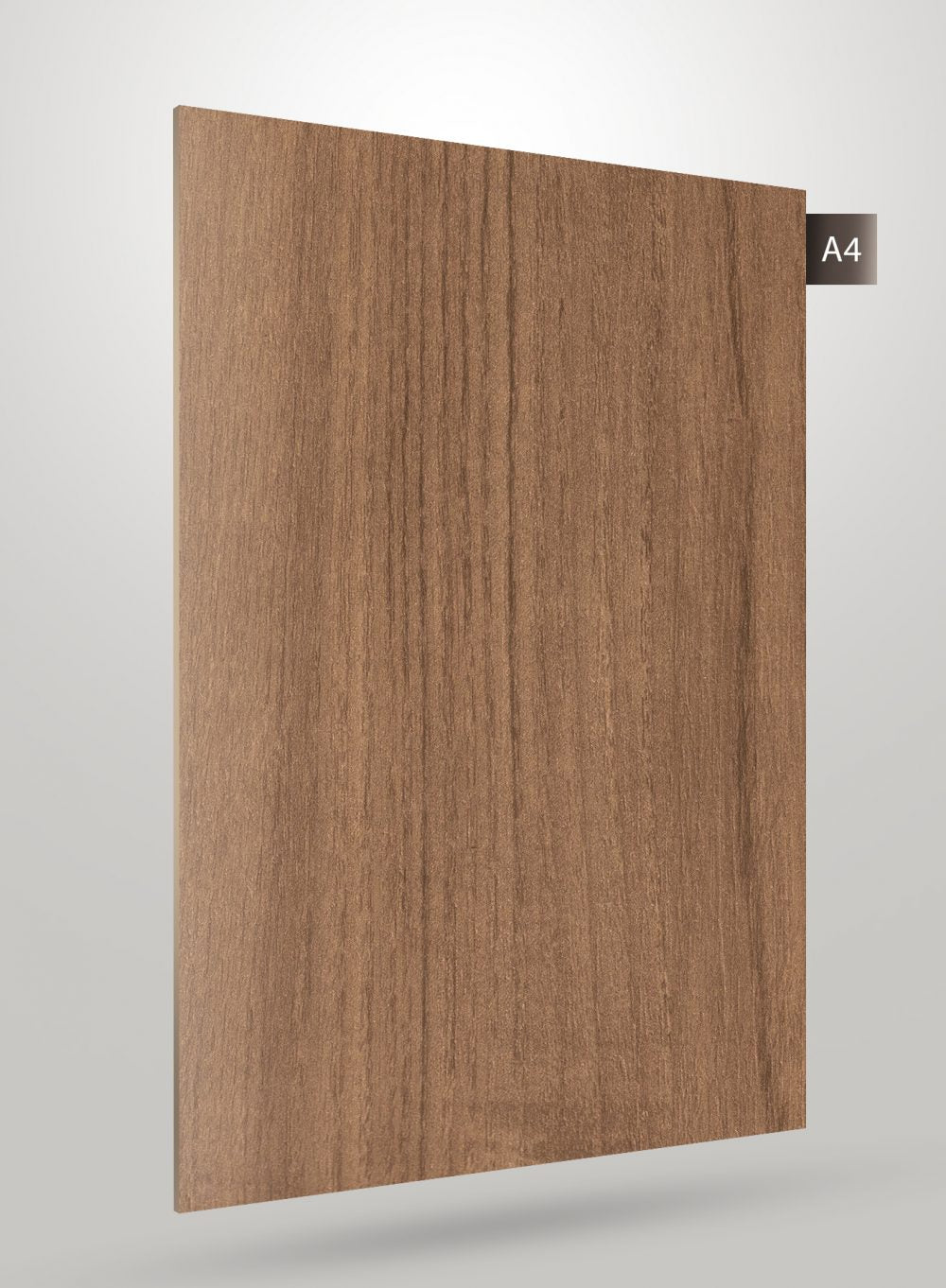 Brown wood grain decorative laminate with matte finish and vertical wood texture pattern on a laminate sheet.