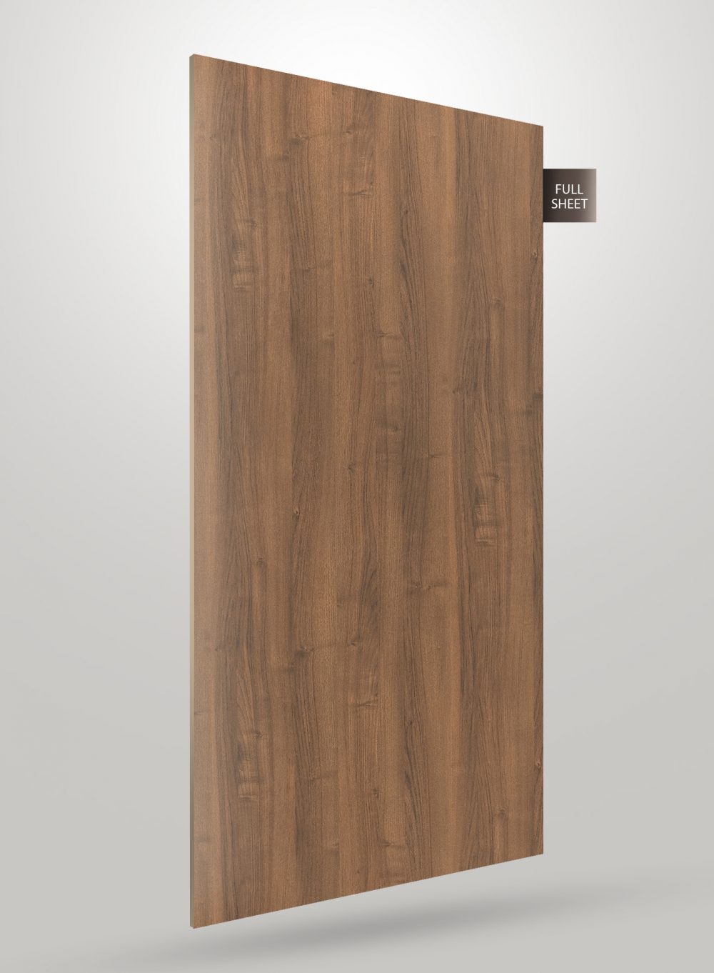 Brown wood grain decorative laminate with matte finish and visible wood texture and knots on full sheet surface.