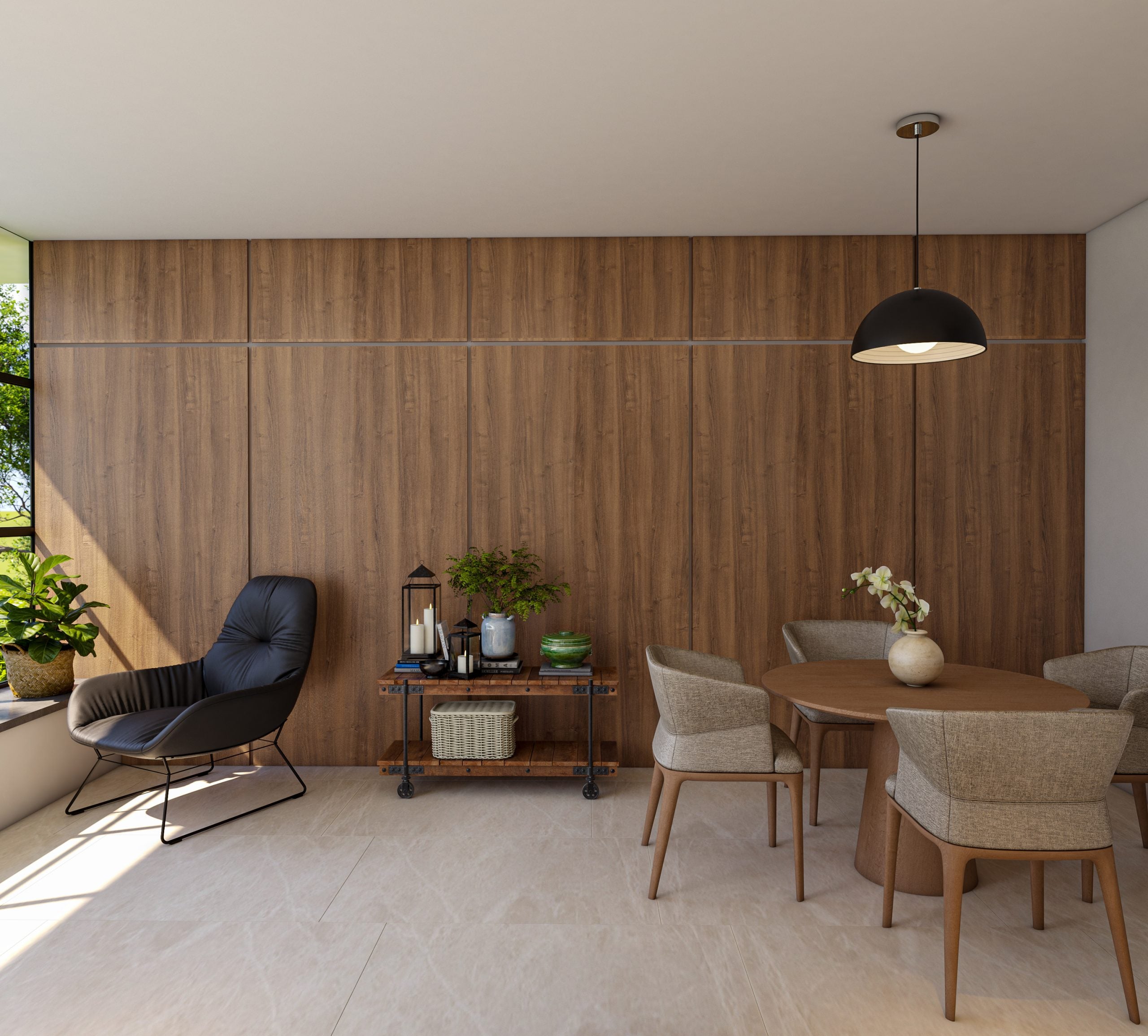 Brown wood grain laminate wall with matte finish in a modern dining room setting with furniture and decor.
