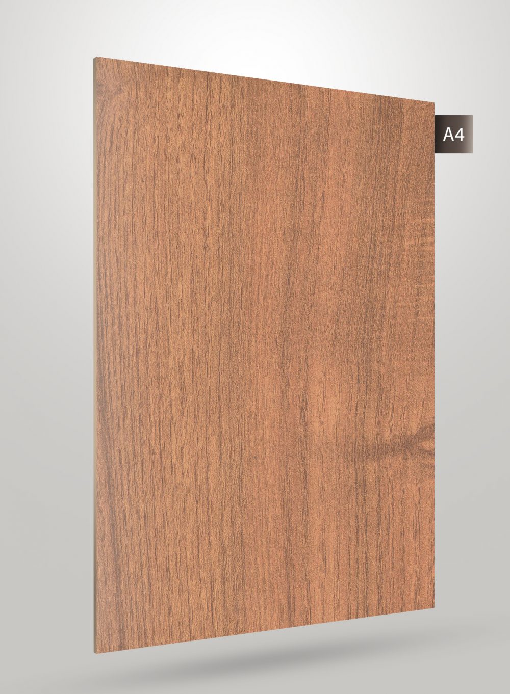 Brown wood grain decorative laminate with matte finish and vertical wood pattern texture