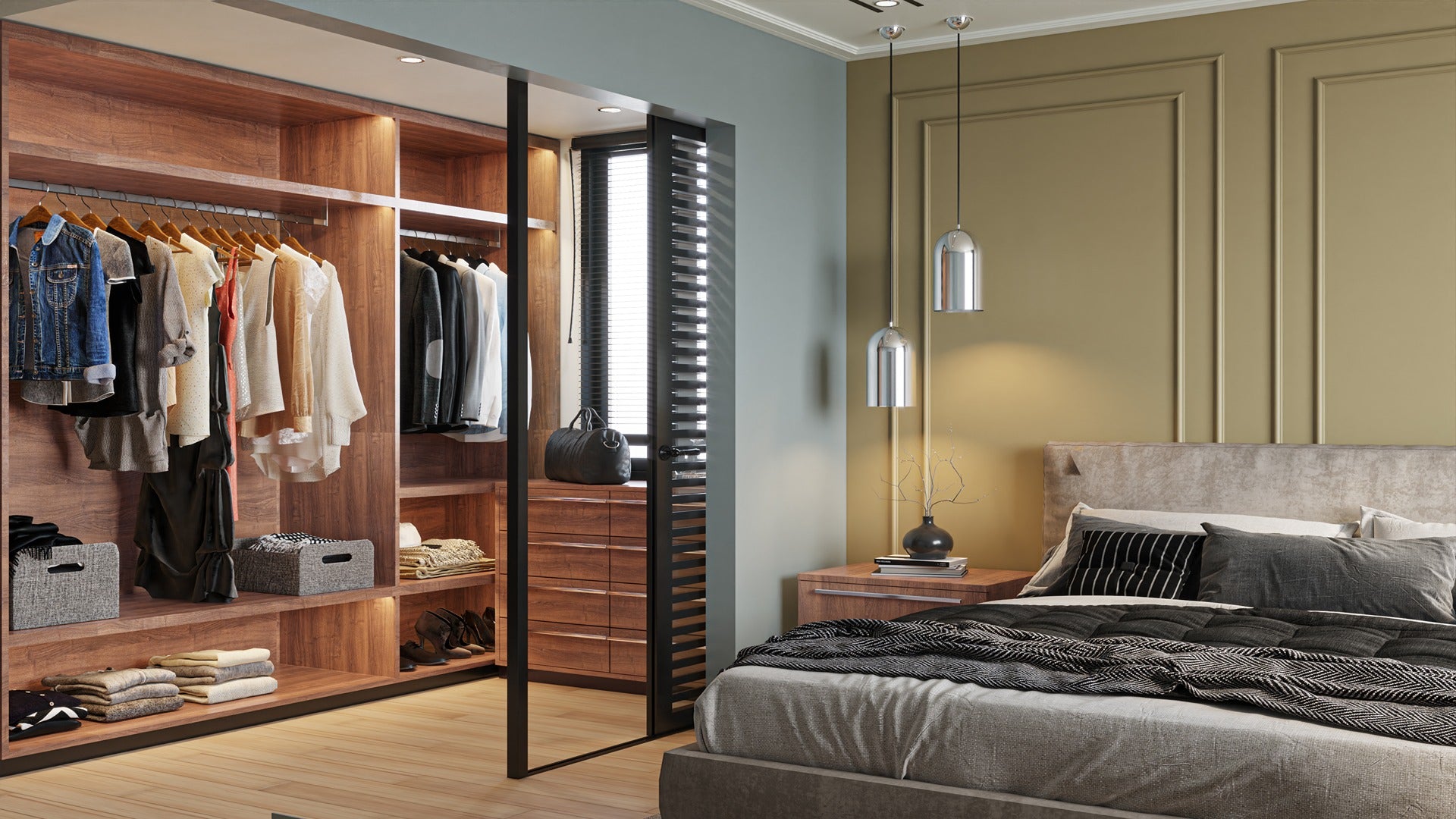 Brown wood laminate closet with visible wood grain texture in a modern bedroom setting with clothes and accessories inside