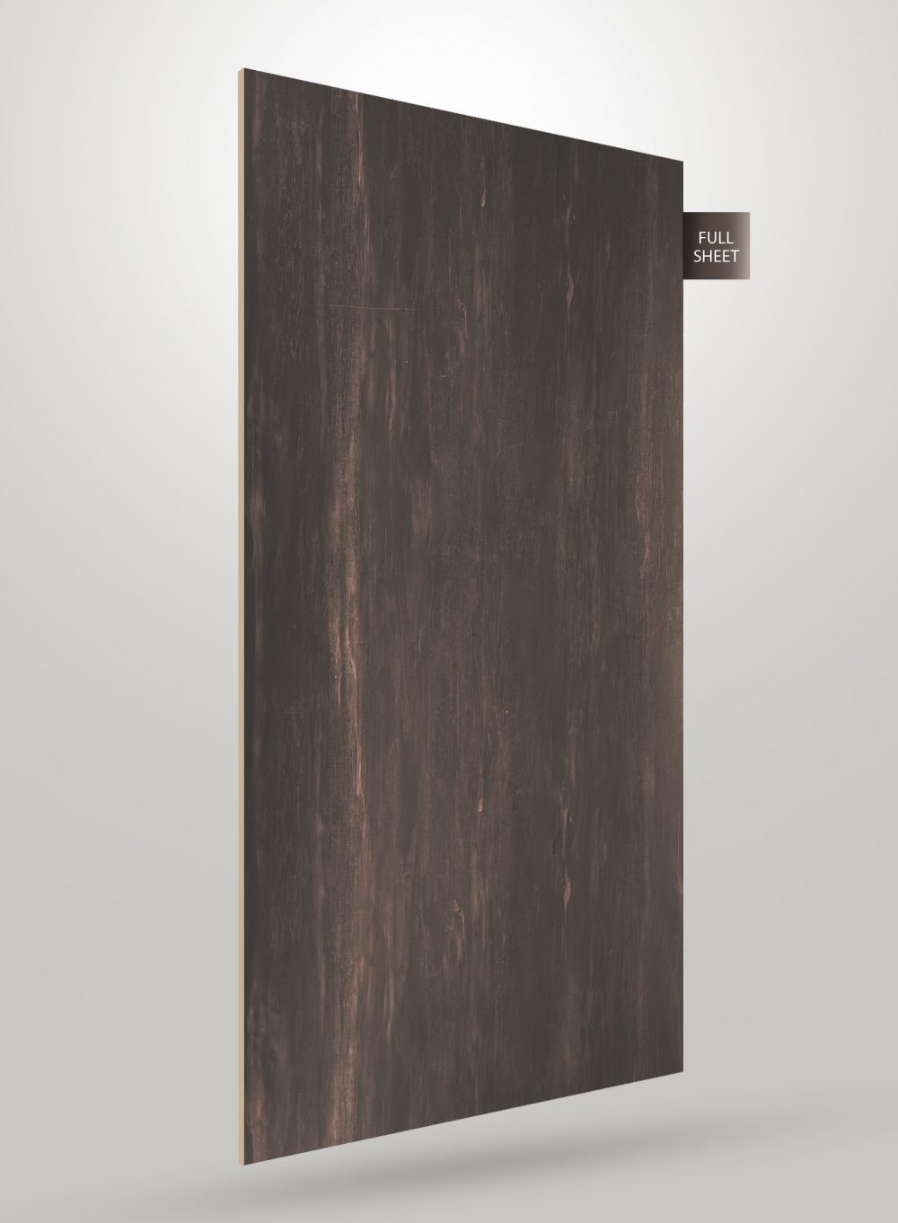 Brown wood grain decorative laminate with matte finish and visible texture, displayed as a full sheet.