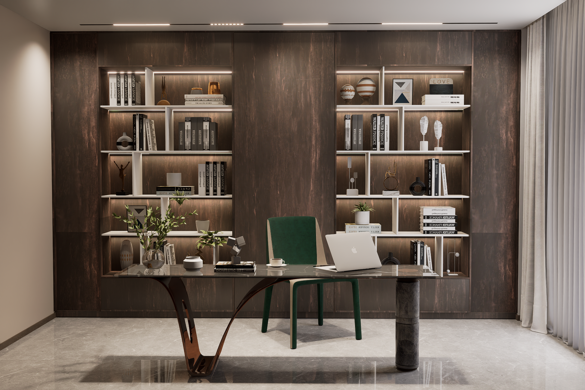 Brown wood laminate wall with matte finish and wood grain texture in a modern office setting with shelves and decor