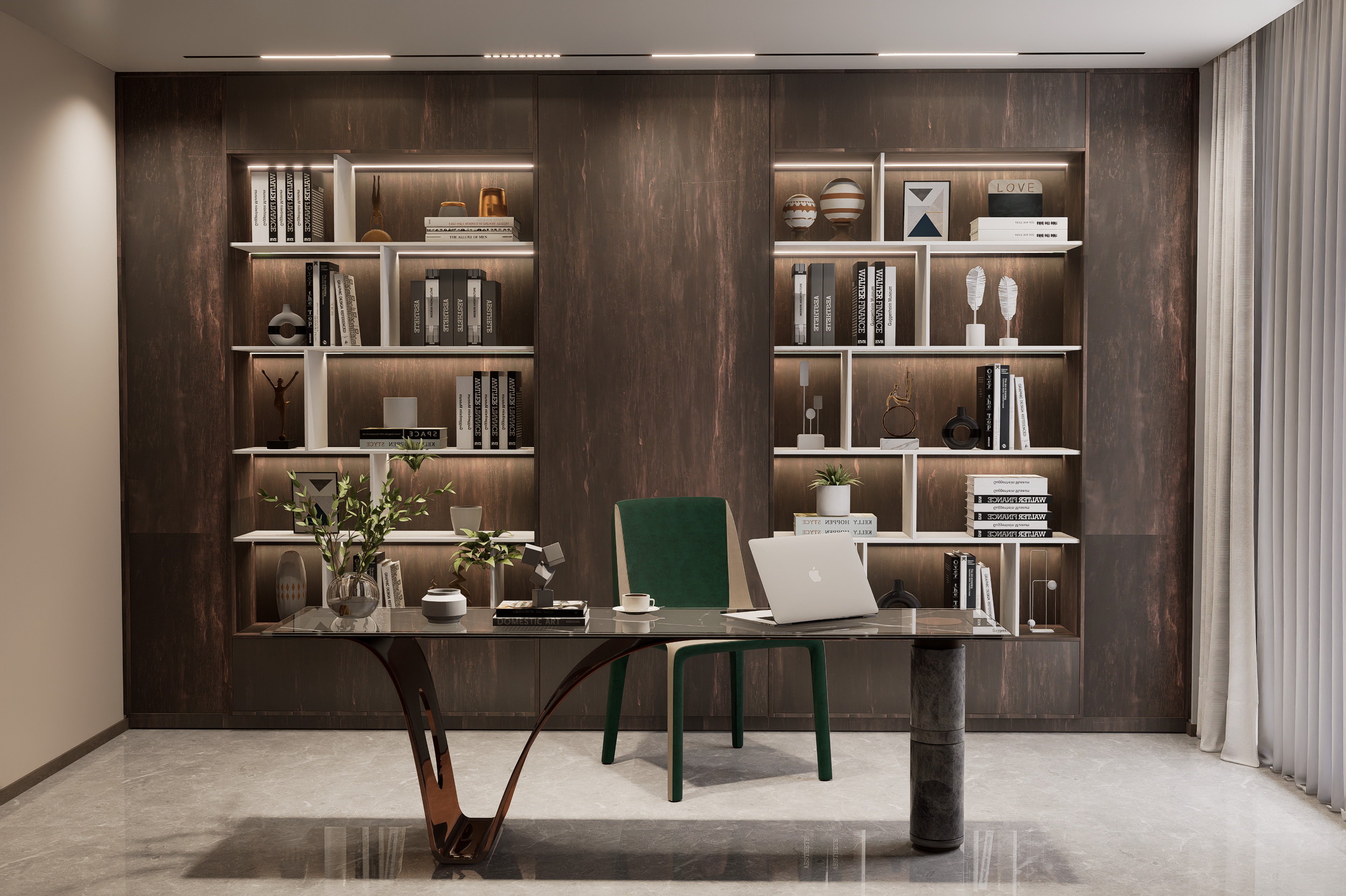 Brown wood laminate wall with matte finish and wood grain texture in a modern office setting with shelves and decor