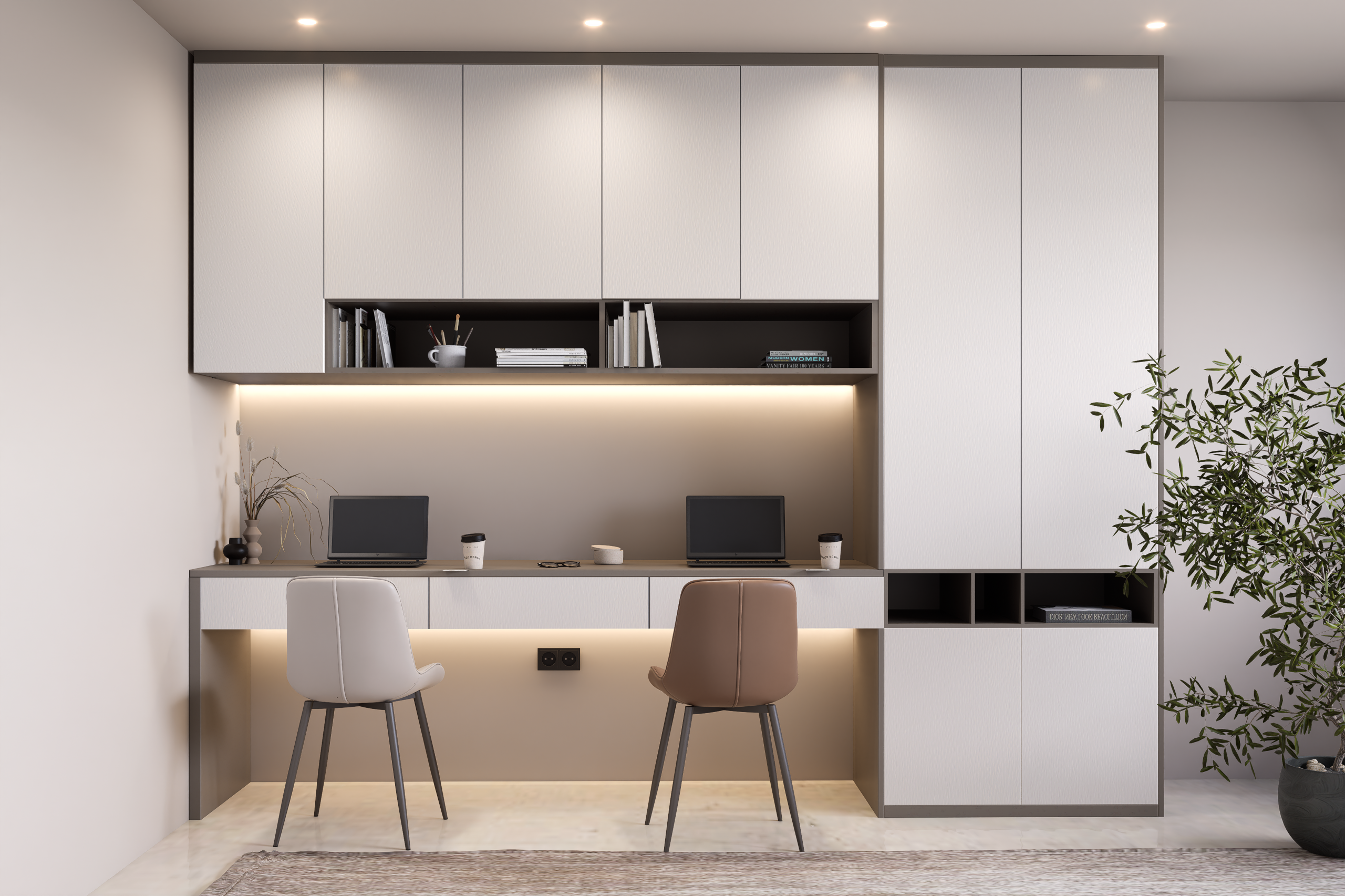 White patterned laminate with matte finish used on modern office cabinets and shelves in a minimalist workspace setting