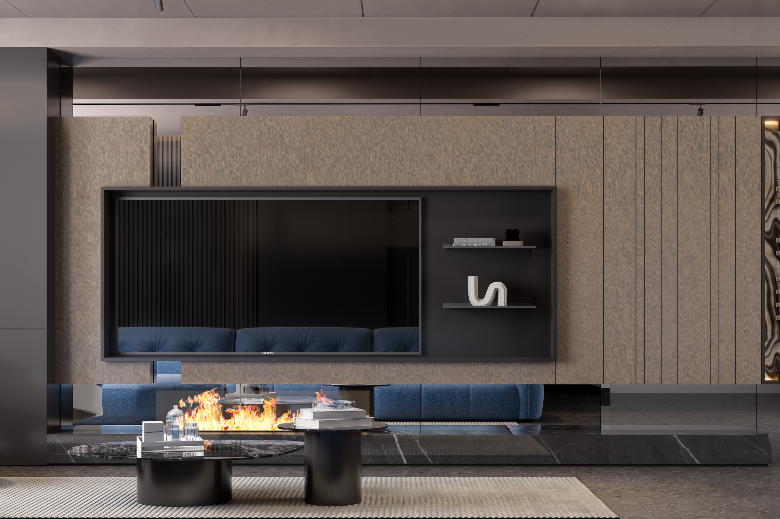 Brown textured patterned laminate wall paneling with matte finish in modern living room interior design setting
