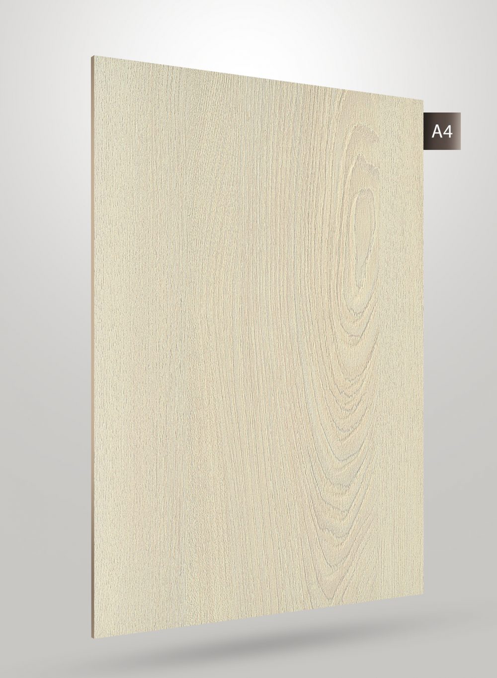 Matte ivory wood grain decorative laminate with textured finish and visible wood pattern on a square sample.