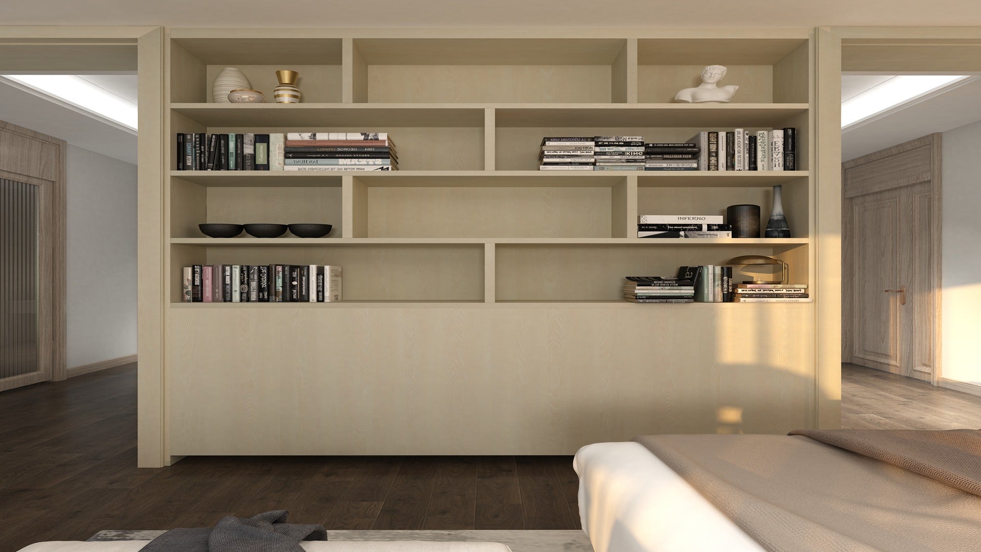 Ivory wood grain laminate shelf with matte finish and visible wood texture in a modern room setting