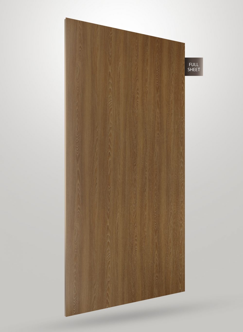 Brown wood grain decorative laminate with matte finish and visible wood texture, labeled full sheet.