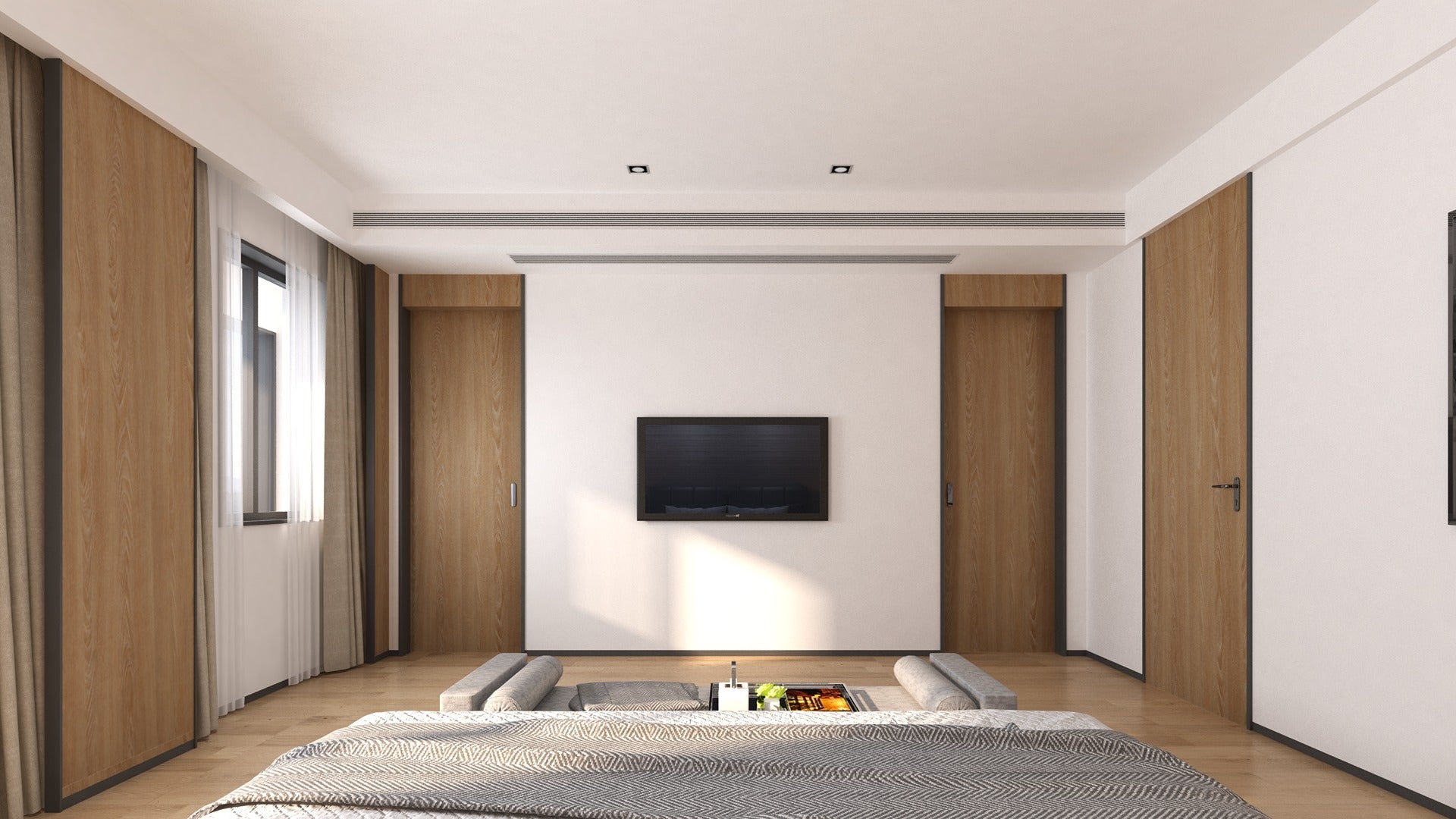 Brown wood grain laminate used on bedroom walls and doors with matte finish and natural texture visible in modern interior.