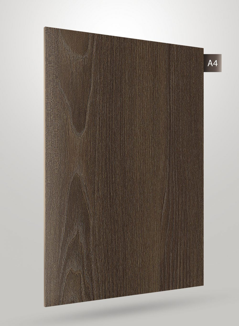 Brown wood grain decorative laminate with matte finish and textured surface, showing vertical wood pattern and subtle grain