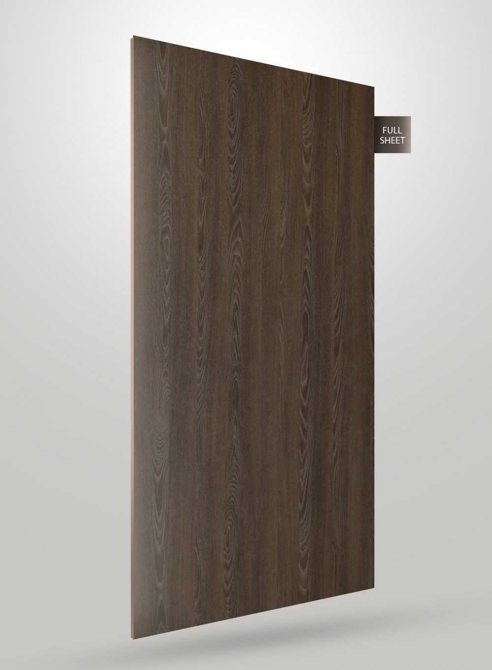 Dark brown wood grain decorative laminate with matte finish and visible wood texture and pattern on full sheet.