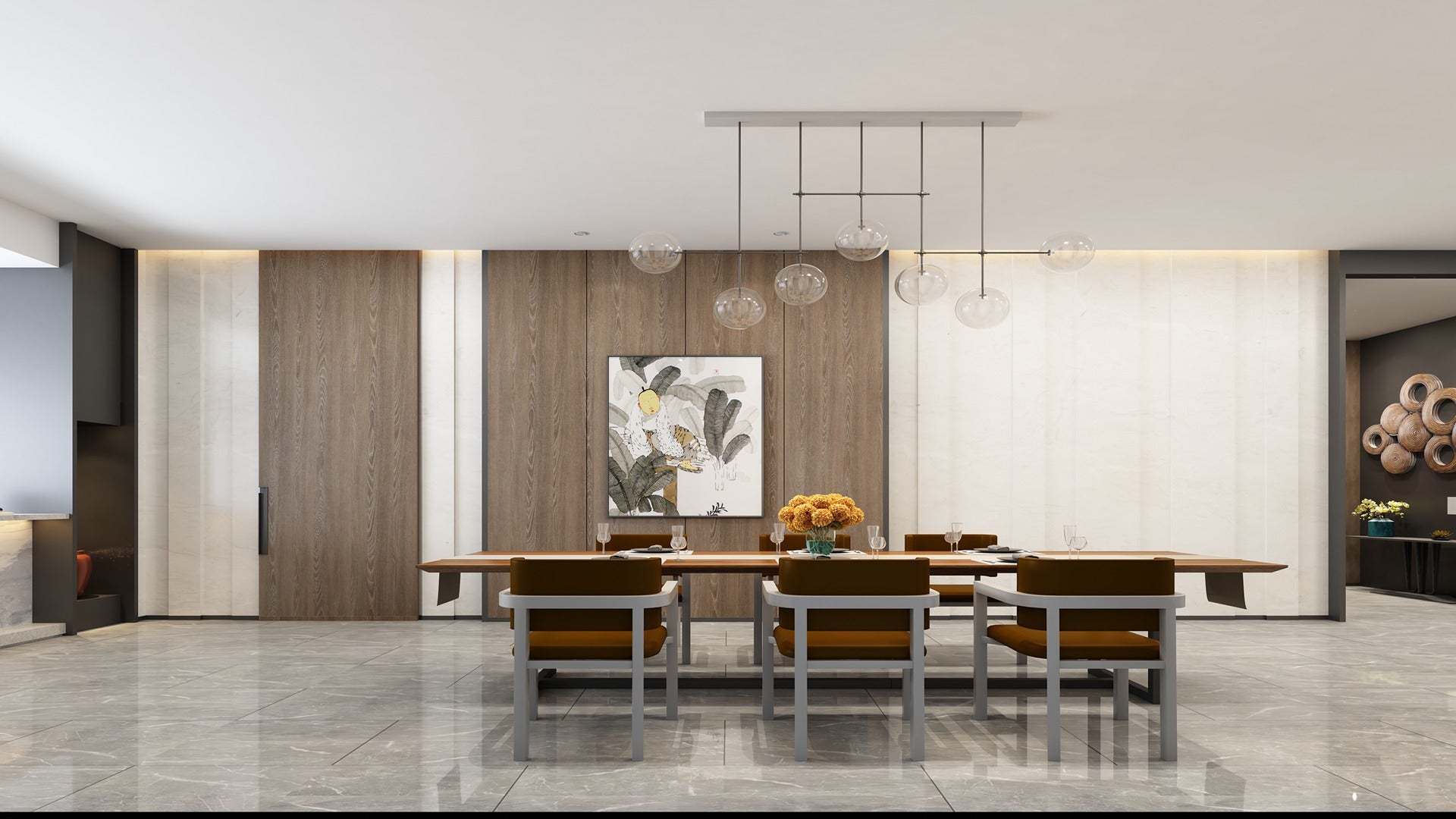Wood grain laminate wall paneling with matte finish in a modern dining room setting with wooden table and chairs