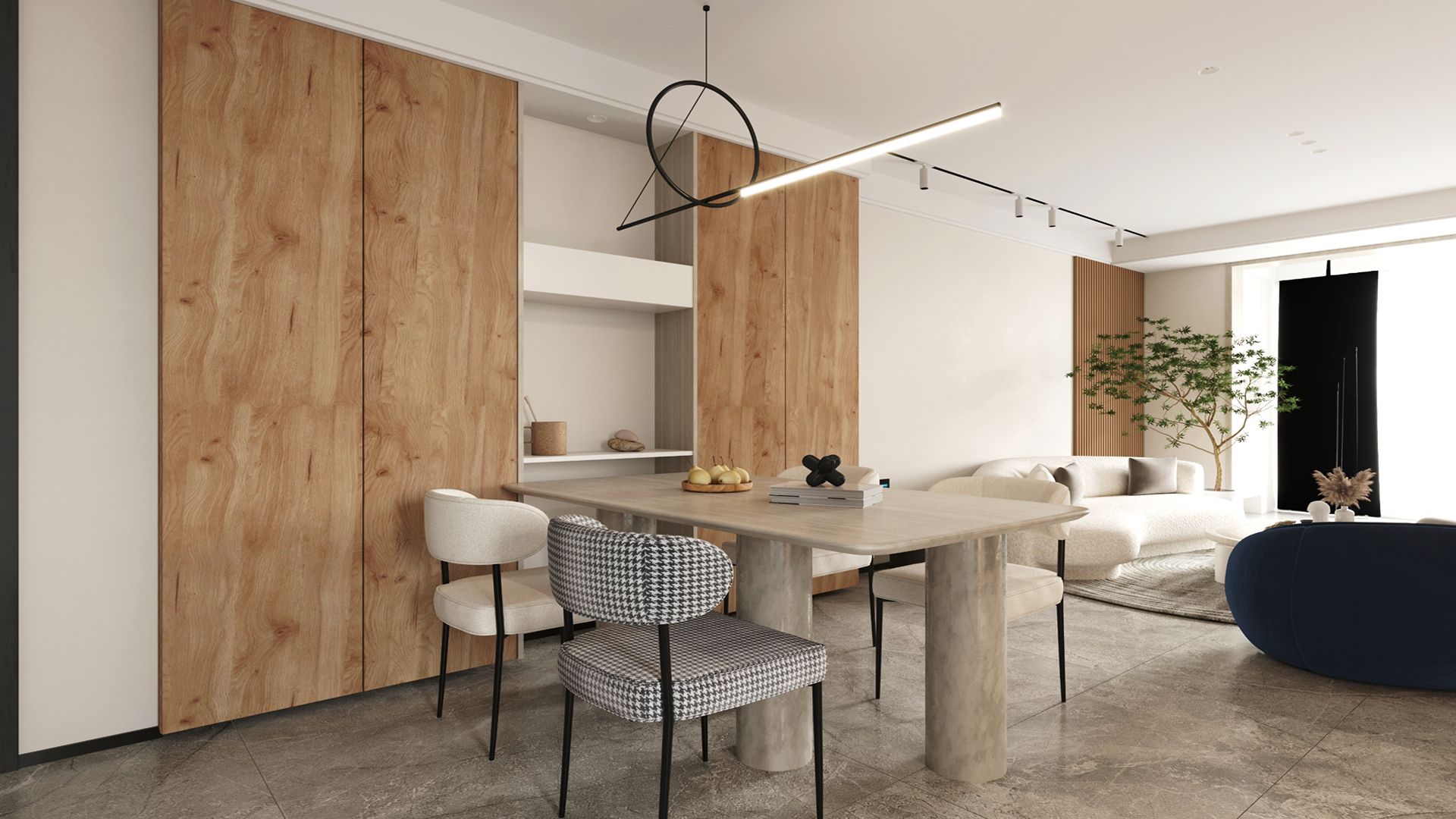 Wood laminate wall panels with matte finish and wood grain texture in a modern dining room setting with furniture and decor.
